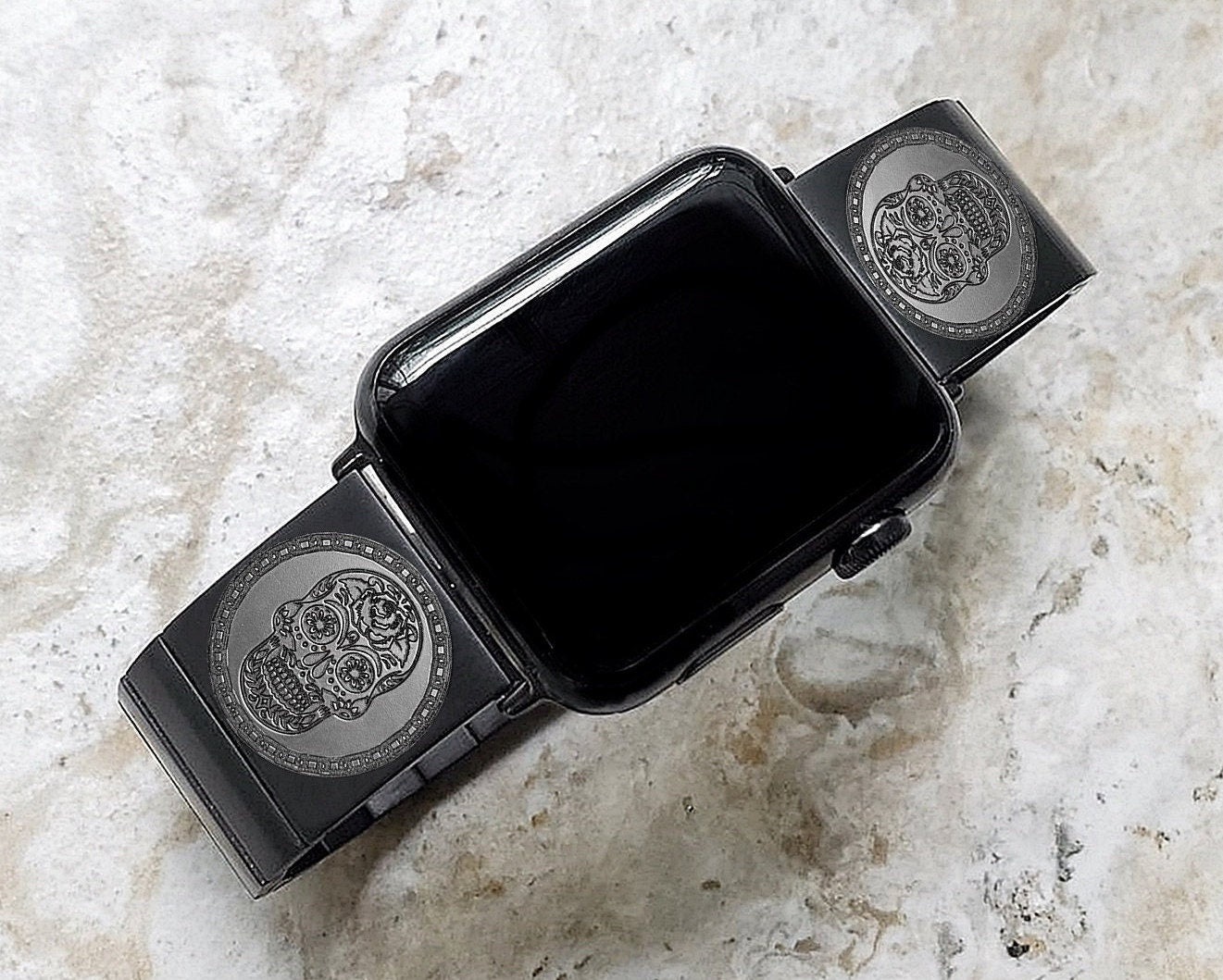 Engraved Watch Band Compatible with Apple iWatch Ultra 2 49mm and 9 8 Series 41mm 45mm Case Black Stainless Steel Tooled Strap Bracelet SS2